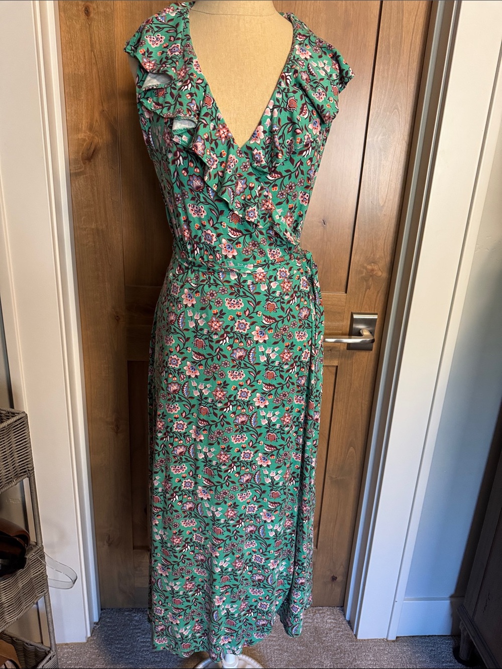 BODEN SASKIA Wrap Jersey Dress Womens 8 P Midi Green Floral Ruffle summer preppy